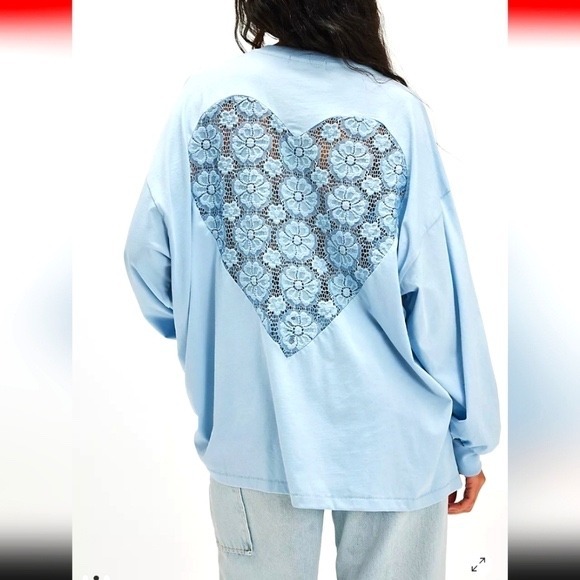 Daydreamer Tops - DAYDREAMER Baby Blue Lace Heart Long Sleeve Oversized T Shirt Top Made in USA